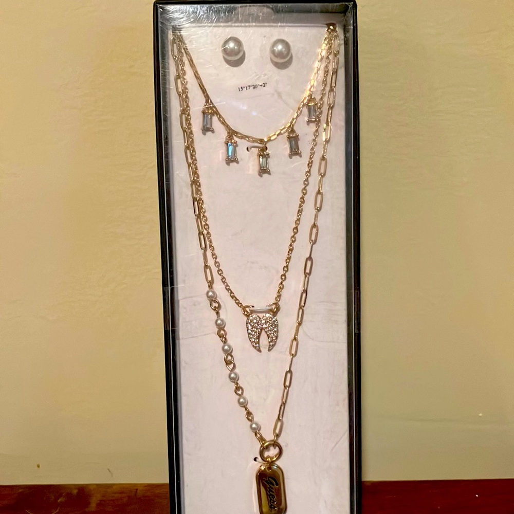 GUESS Layered Chain Necklace with Rhinestones, Angel Wings, Faux Pearl Earrings